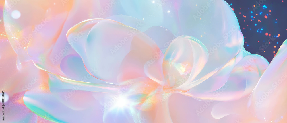 Poster holographic liquid creation blending with floral elements for a surreal atmosphere
