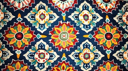 Colorful geometric pattern featuring floral designs on a dark background.