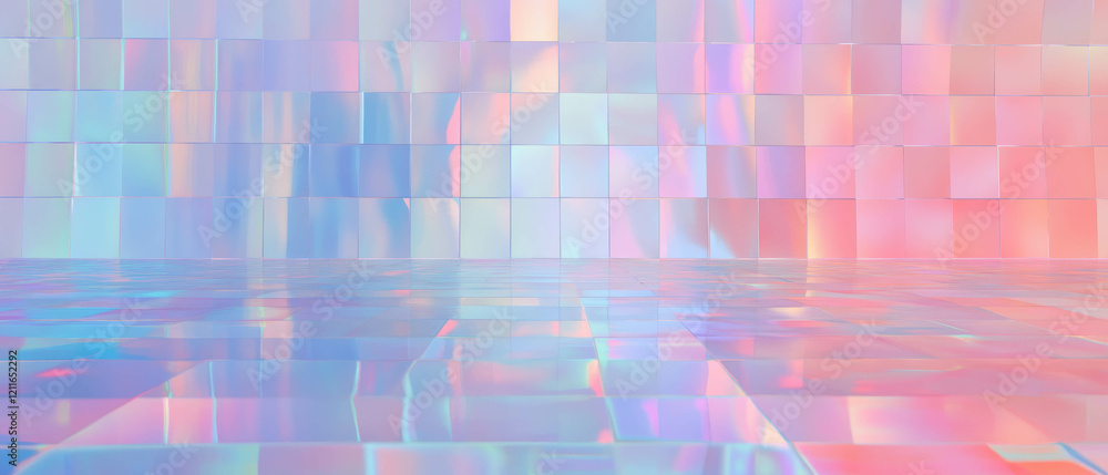 Poster vibrant holographic mosaic background with geometric shapes and an empty central space