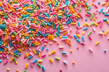 Pastel Pink Easter Background with Colorful Candy Sprinkles - Flat Lay, Top View, Copy Space