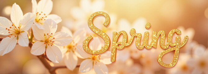 Spring flowers with golden text on blurred background