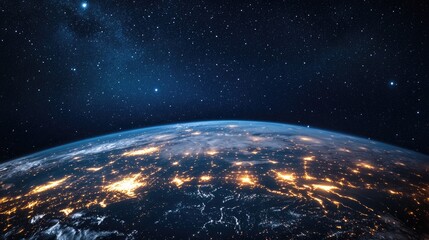 Obraz premium A dynamic panoramic view of glowing city buildings and skyscrapers, with Earth rotating in the background, complemented by a starry space backdrop.
