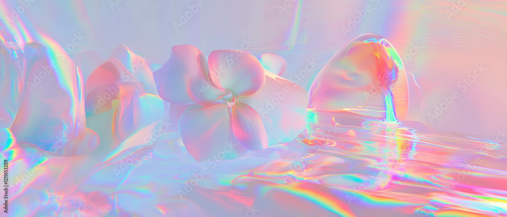 Poster creating a mesmerizing abstract background with holographic flowers and a futuristic design