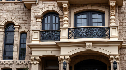 Obraz premium Elegant Stone Mansion Exterior: A Showcase of Architectural Details