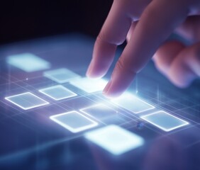 Close-up of finger interacting with futuristic touchscreen interface.