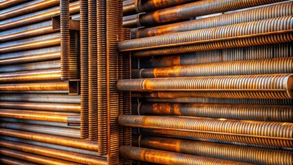 Intricate Network of Oxidized Metal Tubing, a Complex Industrial Arrangement of Interconnected Pipes Exhibiting a Rich Patina of Rust and Metallic Hues