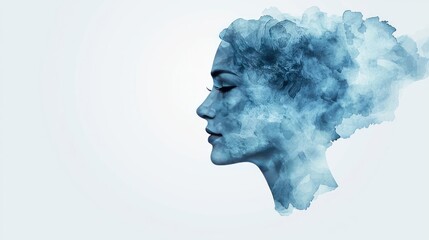 Soft blue watercolor idea. A serene silhouette of a woman with a blue watercolor cloud representing thoughts.