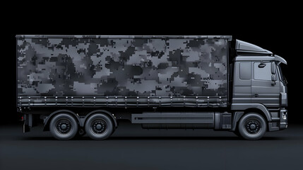Camouflaged truck studio shot, dark background, transportation design