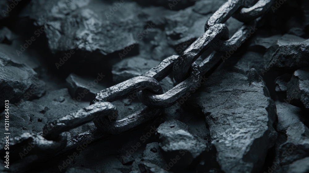 Poster a fragmented chain rests on jagged gray rocks, surrounded by a dark, ominous atmosphere symbolizing 