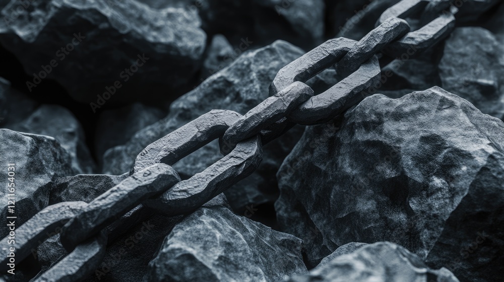 Poster a fragmented chain rests on jagged gray rocks, surrounded by a dark, ominous atmosphere symbolizing 