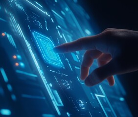 Hand interacting with futuristic digital interface, glowing blue technology.
