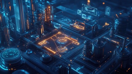 Fototapeta premium A futuristic aerial view of an industrial plant with interactive digital graphs and charts hovering above, illustrating innovation in industrial management.