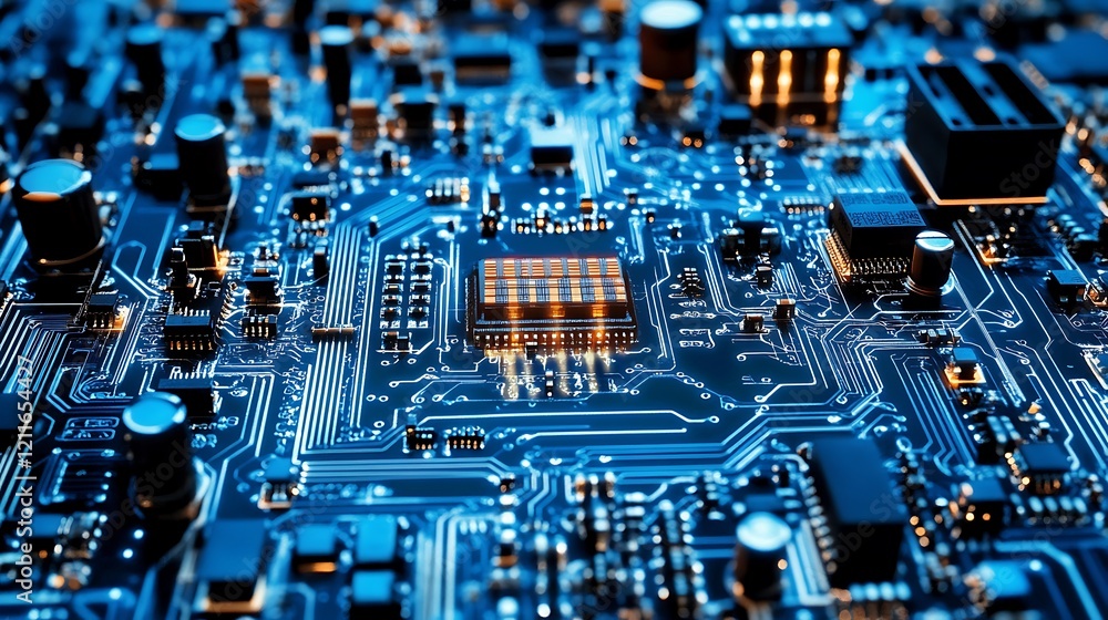 Poster closeup view of a complex computer circuit board