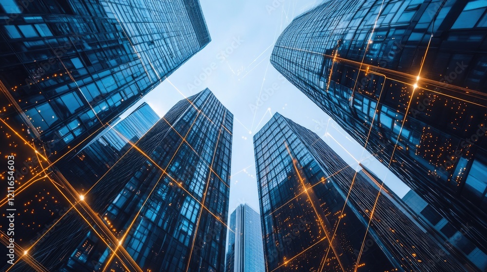 Poster a futuristic city filled with towering skyscrapers, where glowing digital lines of data weave throug