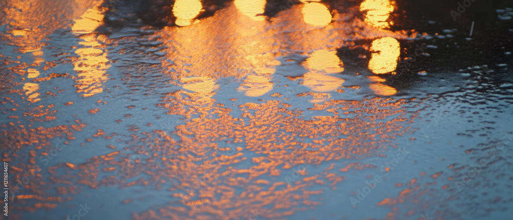 Poster light streaks reflection on a wet surface during a rainy atmosphere at twilight
