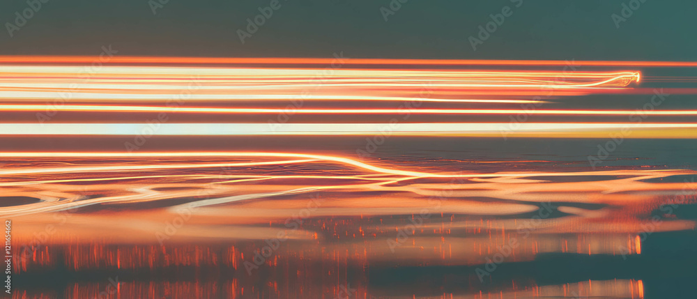 Poster light streaks dance on a wet surface after a heavy rain shower in an atmospheric setting
