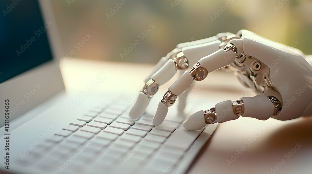 Poster robotic and human hands collaborate on a sleek technological keyboard in a