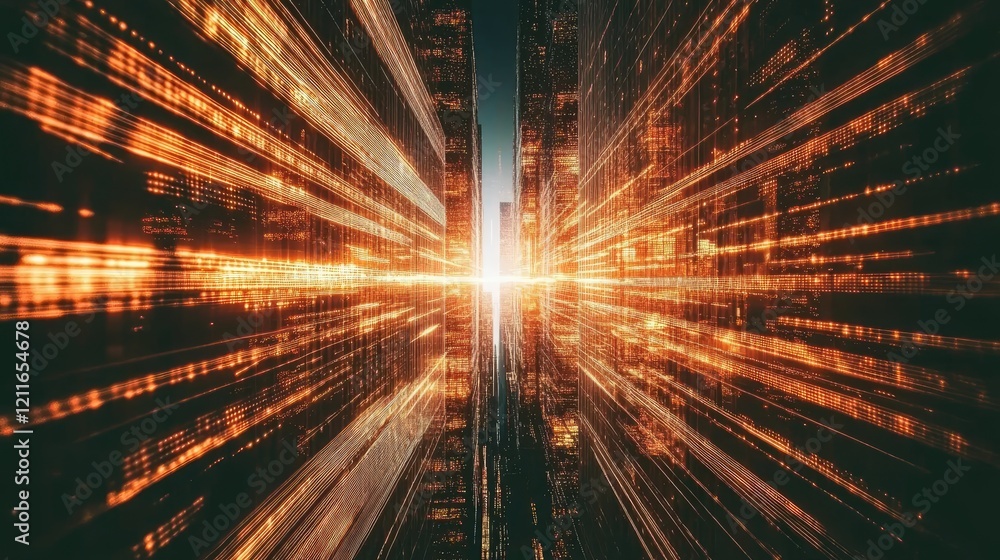 Poster a futuristic city filled with towering skyscrapers, where glowing digital lines of data weave throug