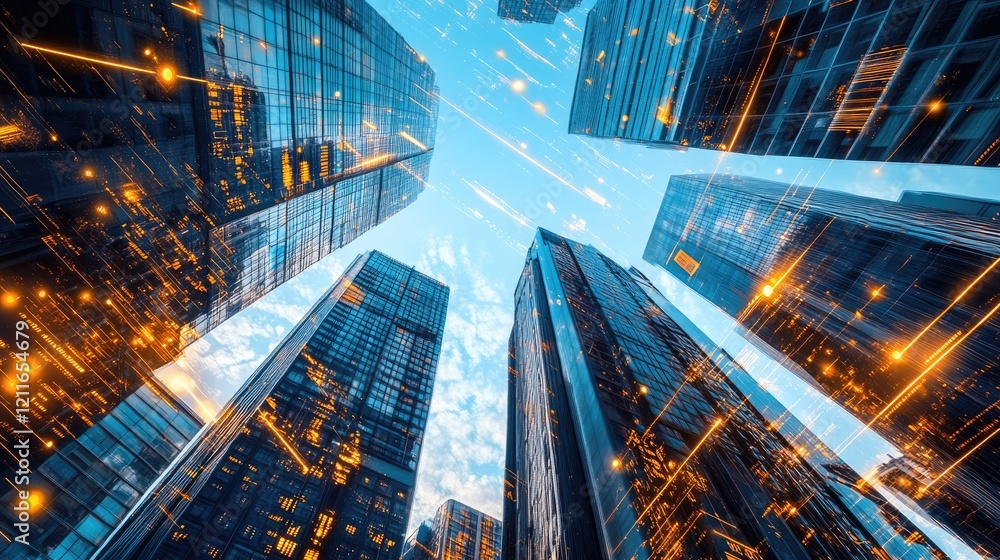 Poster a futuristic city filled with towering skyscrapers, where glowing digital lines of data weave throug