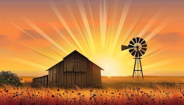 A wooden barn and windmill stand in a field at sunset, with long grass and a golden sky.