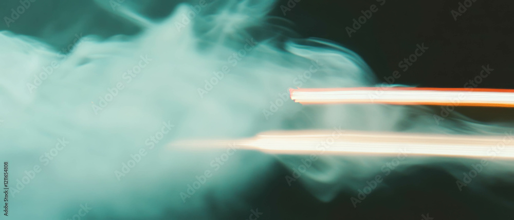 Poster light streaks illuminate swirling smoke in an atmospheric and mysterious setting