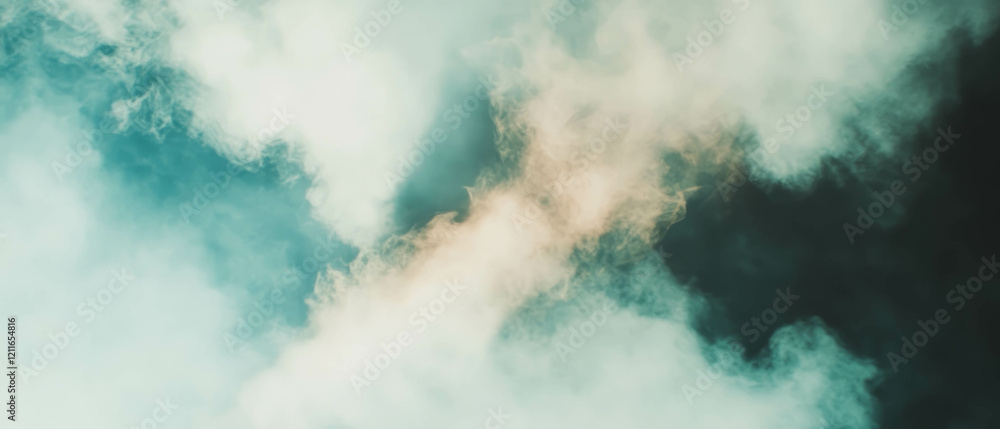 Poster light streaks pierce through fog creating an atmosphere of mystery and depth