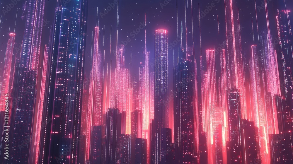 Poster A futuristic cityscape with towering skyscrapers and digital lines of data flowing through them, symbolizing the integration of AI technology in urban development.