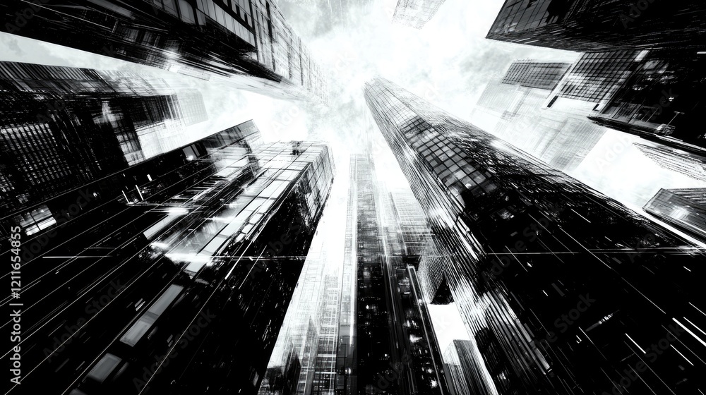 Poster A futuristic cityscape with towering skyscrapers and digital lines of data flowing through them, symbolizing the integration of AI technology in urban development.