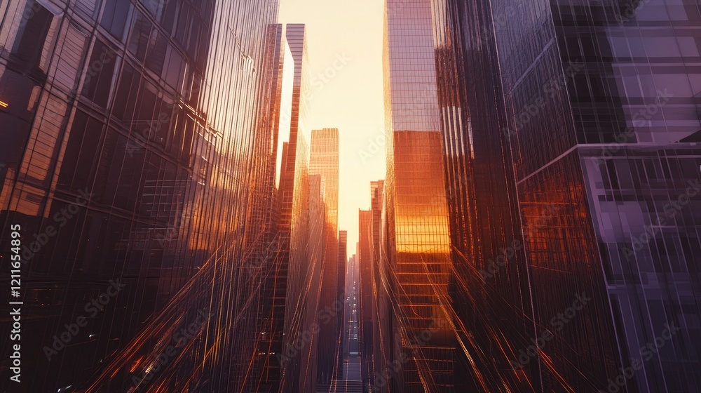 Poster A futuristic cityscape with towering skyscrapers and digital lines of data flowing through them, symbolizing the integration of AI technology in urban development.