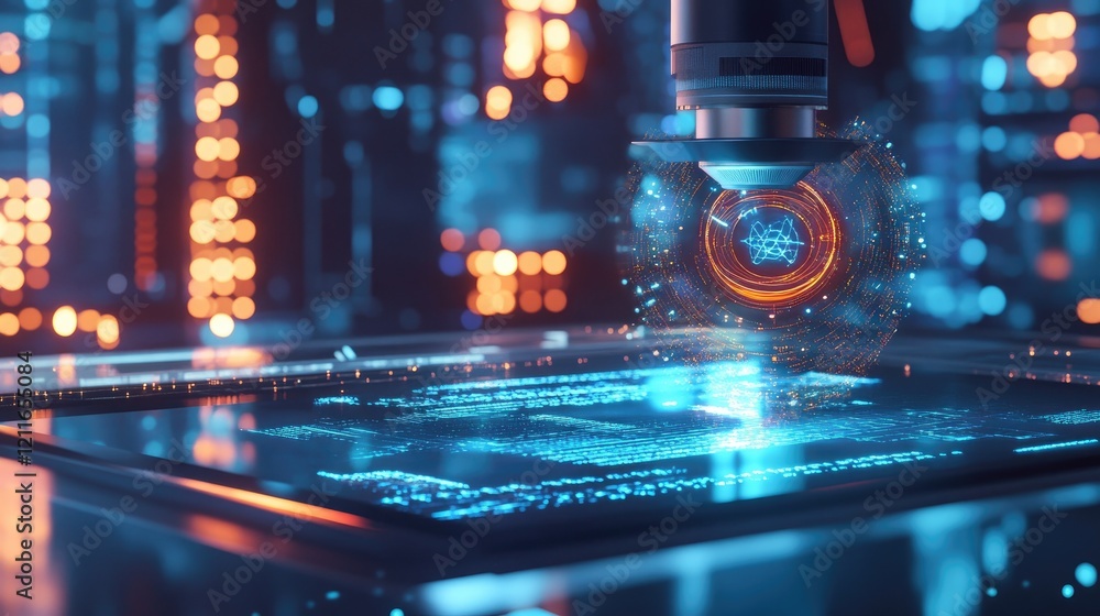 Poster A futuristic digital microscope with holographic projections, demonstrating the intersection of innovation and education in scientific research.
