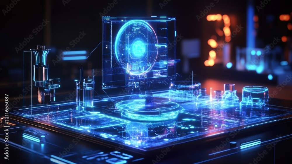 Poster A futuristic digital microscope with holographic projections, demonstrating the intersection of innovation and education in scientific research.
