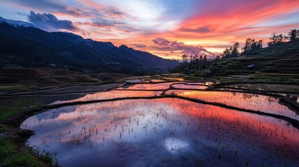 Obraz premium Sunset reflecting on terraced rice paddies, mountain valley