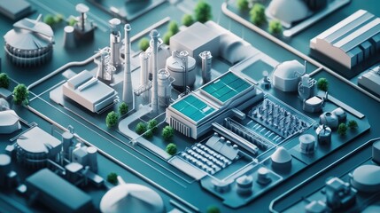 Fototapeta premium A futuristic isometric view of a high-tech industrial complex, combining sustainable energy production equipment and green technology innovations.