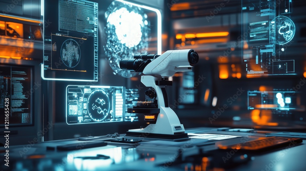 Poster A futuristic microscope with digital and holographic interfaces, symbolizing the evolution of science and technology in education.