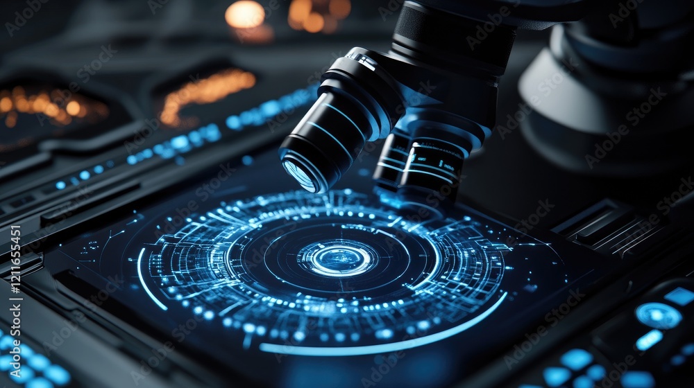 Aufkleber A futuristic microscope with digital and holographic interfaces, symbolizing the evolution of science and technology in education.