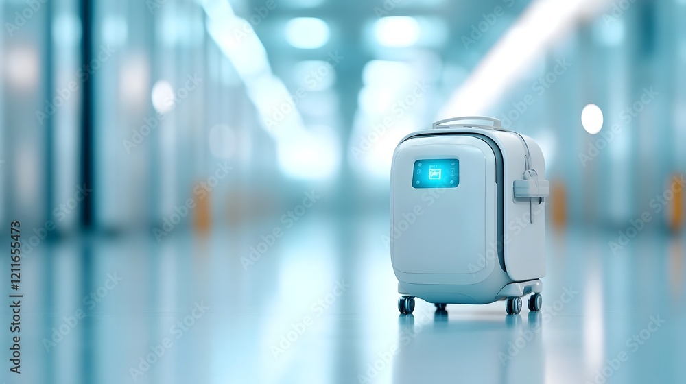 Poster futuristic autonomous delivery robot handling packages in sleek modern environment