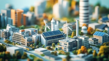 Fototapeta premium A futuristic model of an industrial city, featuring modern buildings, solar panels, and wind turbines, symbolizing advanced energy creation in a sustainable world.
