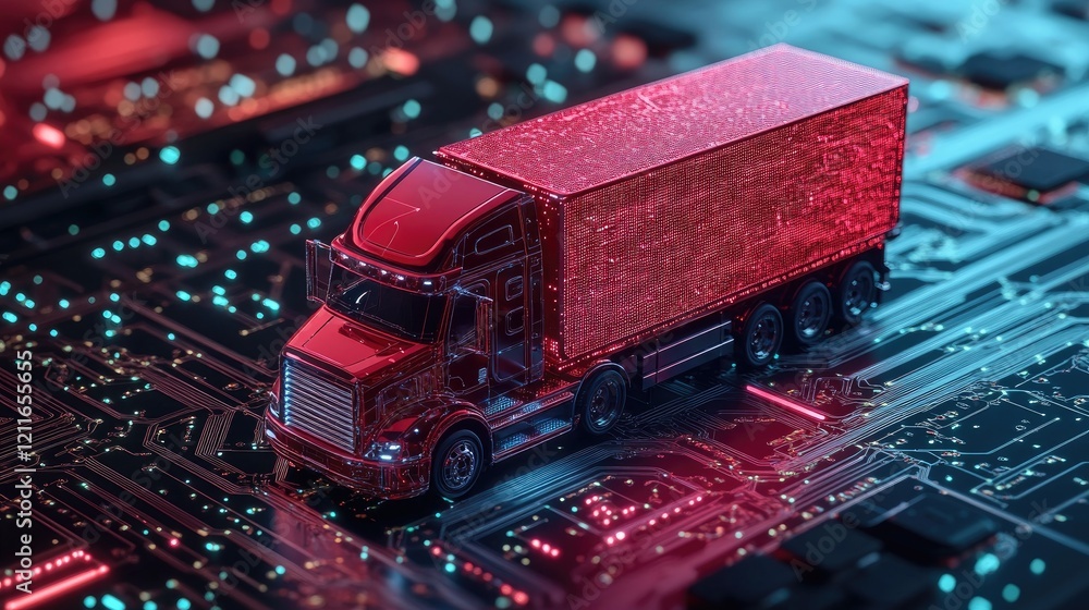 Poster a futuristic red digital cargo truck on a high-tech circuit board, showcasing the integration of adv