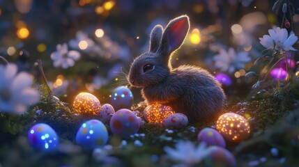 Whimsical easter bunny surrounded by glowing eggs in enchanted garden