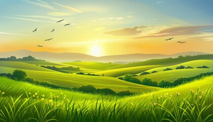 A scenic sunset over a lush green meadow, with rolling hills and a golden sky, as birds fly in the distance.