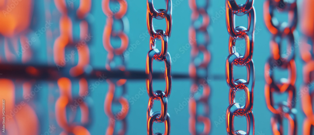 Poster Metallic blockchain links forming an industrial background with empty space for content