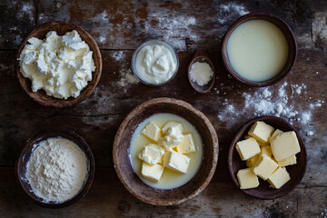 A wooden table topped with bowls filled with different types of dairy products