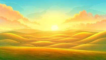 Fototapeta premium A beautiful sunset over rolling hills with a golden sky and fluffy clouds.