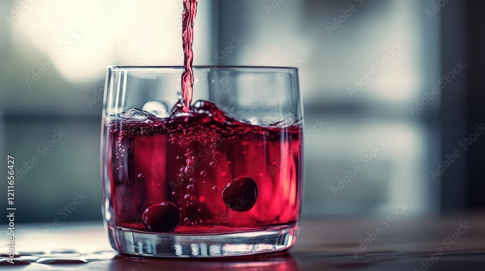 Poster A gentle pour of cranberry syrup mixes with water in a glass, creating a beautiful ombre effect that transitions from deep red to clear.