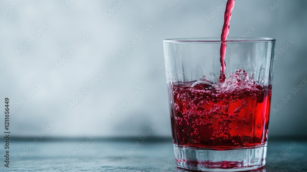 Poster A gentle pour of cranberry syrup mixes with water in a glass, creating a beautiful ombre effect that transitions from deep red to clear.