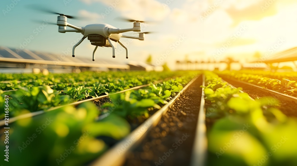 Poster futuristic ai driven smart farm with robotic harvesters monitoring drones and solar powered