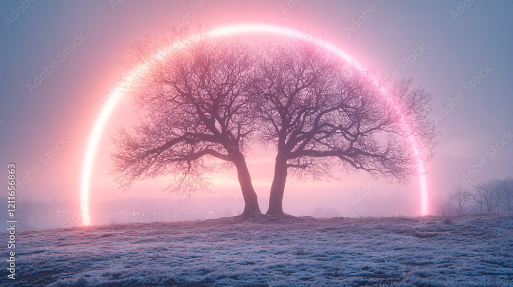 Poster tree silhouette in thick fog with blurred background creating a mysterious atmosphere in a natural s