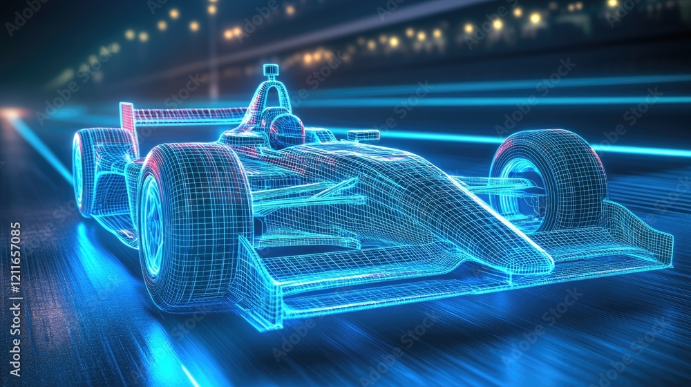 Poster a glowing wireframe of an indy car with racing wheels, set on a track with blue lights emphasizing i