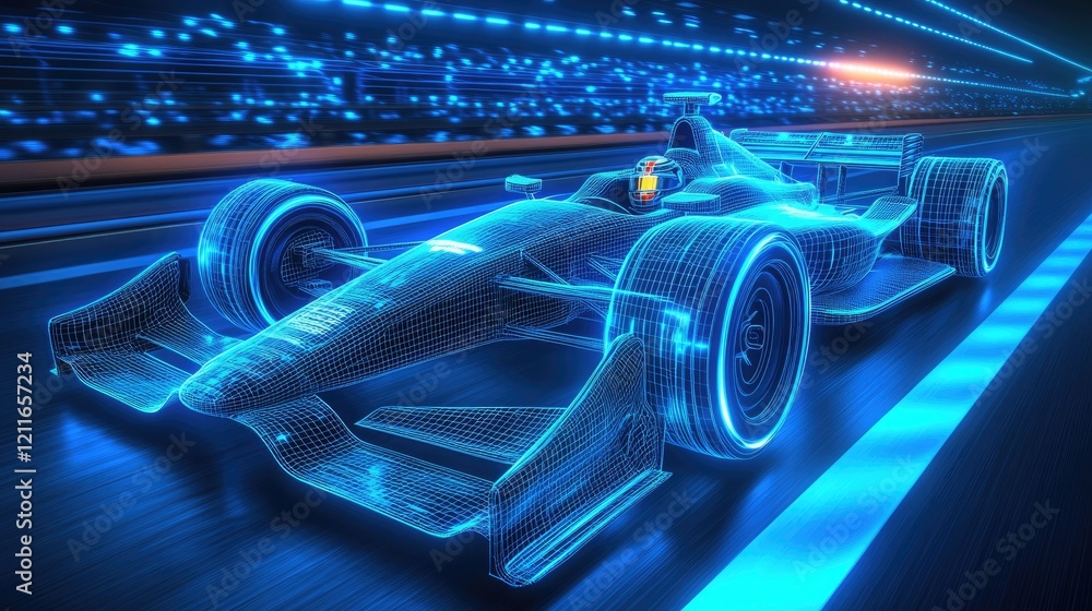 Poster A glowing wireframe of an Indy car with racing wheels, set on a track with blue lights emphasizing its motion and high-speed capabilities.