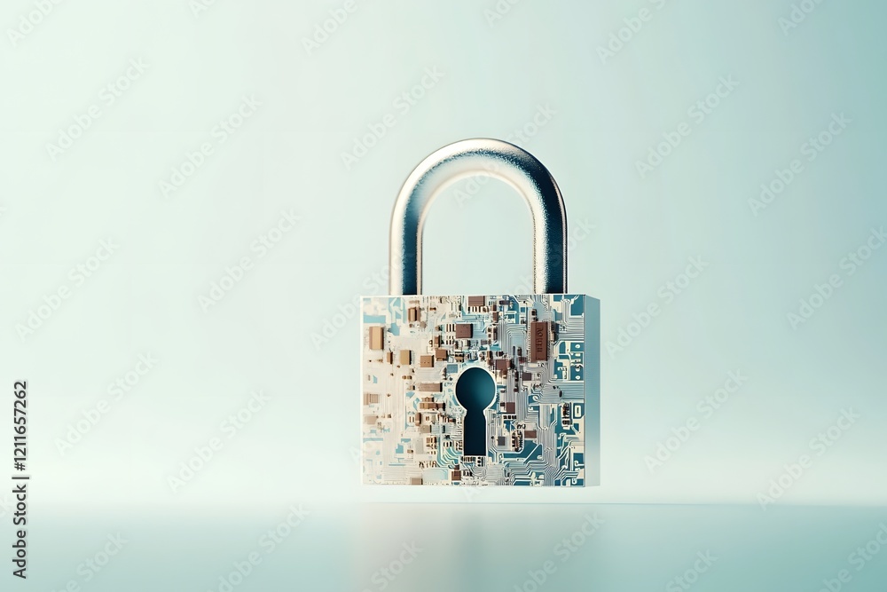 Poster metallic padlock symbolizing cybersecurity over smartphone system with digital circuits